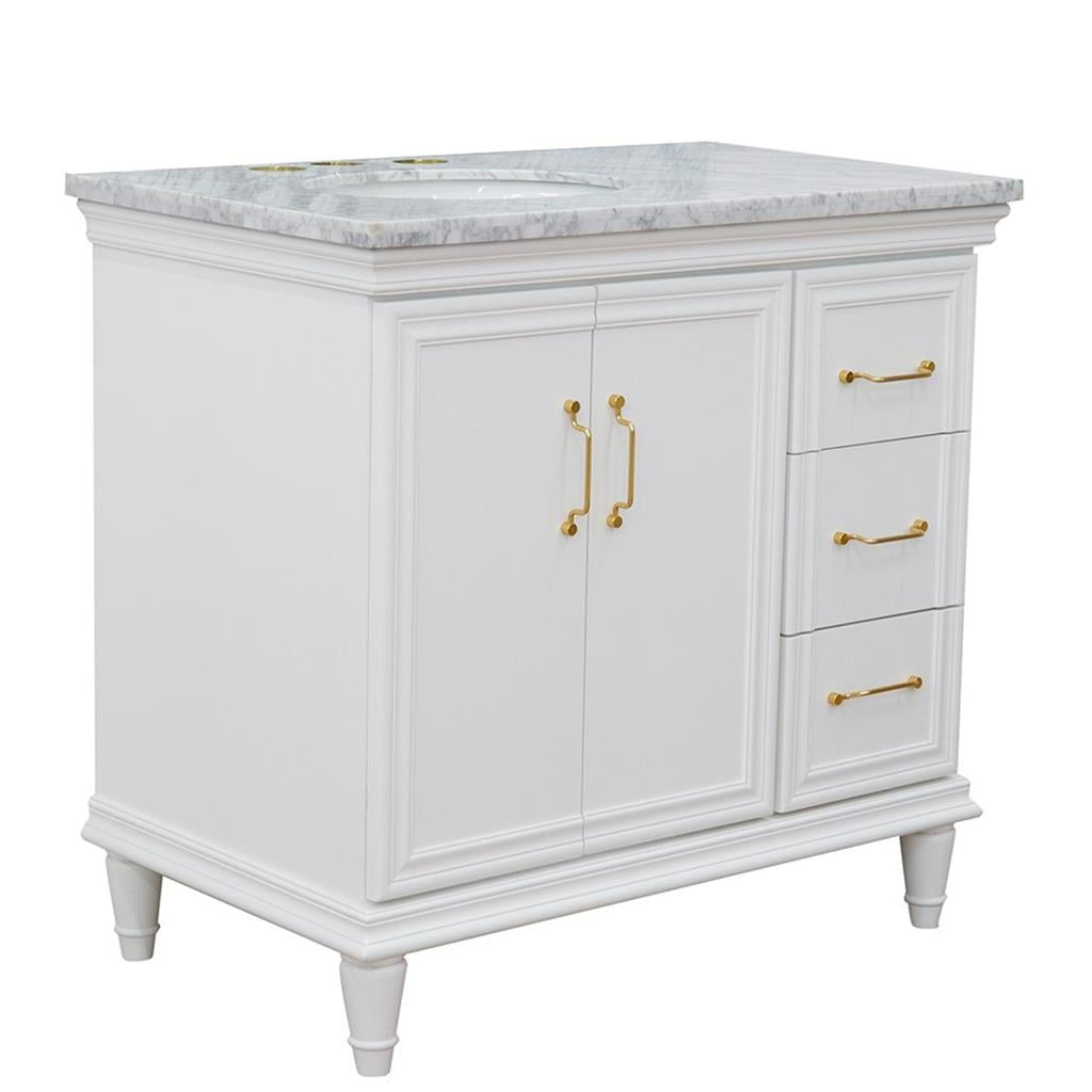 Bellaterra Forli 37" Single Vanity, White, White Carrara Marble Top/Oval Sink, Left Door/Left Sink