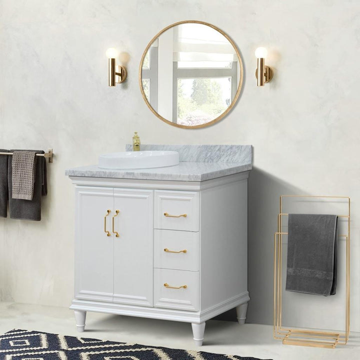 Bellaterra Forli 37" Single Vanity, White, White Carrara Marble Top/Round Sink, Left Door/Left Sink