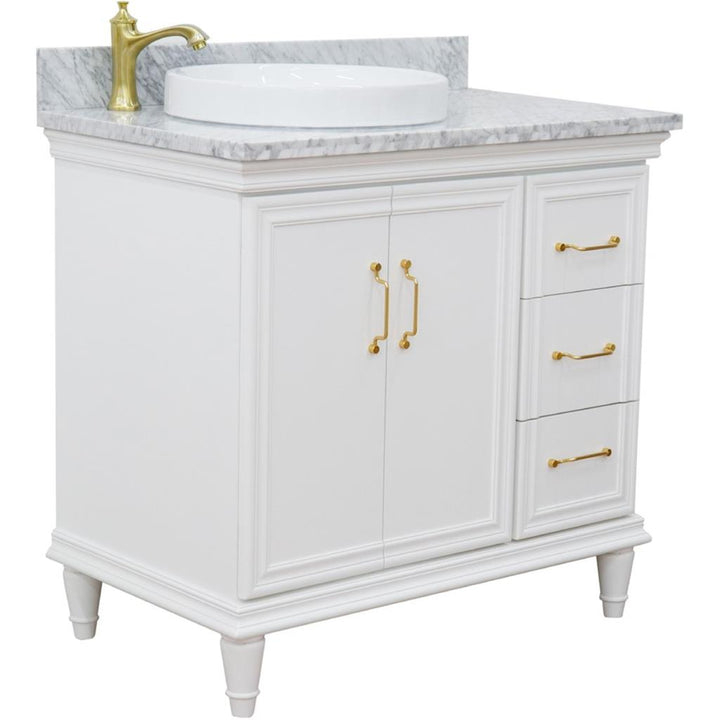 Bellaterra Forli 37" Single Vanity, White, White Carrara Marble Top/Round Sink, Left Door/Left Sink