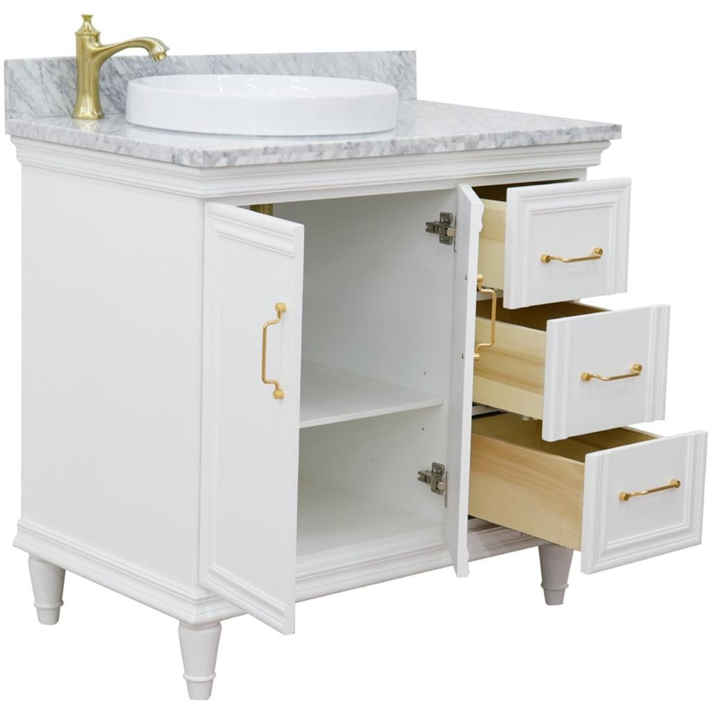 Bellaterra Forli 37" Single Vanity, White, White Carrara Marble Top/Round Sink, Left Door/Left Sink