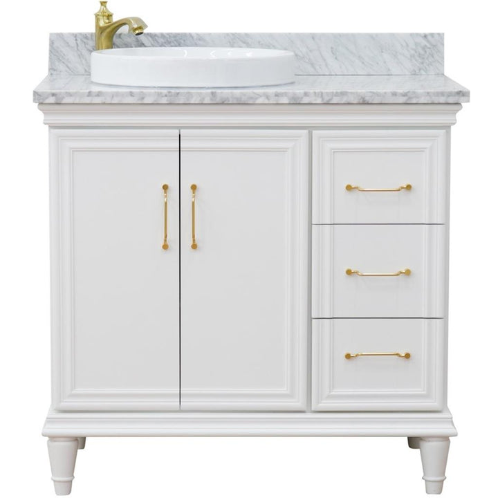 Bellaterra Forli 37" Single Vanity, White, White Carrara Marble Top/Round Sink, Left Door/Left Sink