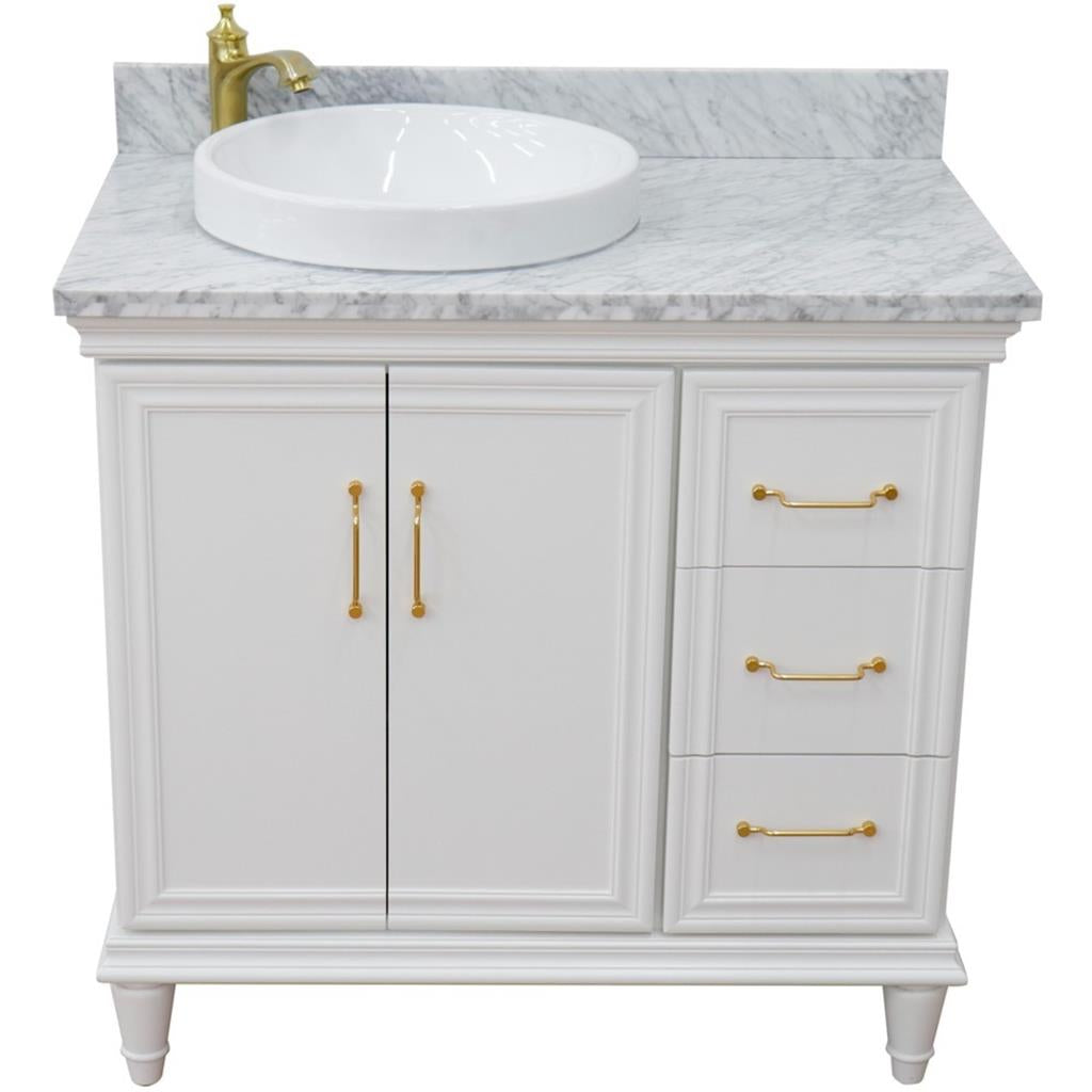 Bellaterra Forli 37" Single Vanity, White, White Carrara Marble Top/Round Sink, Left Door/Left Sink