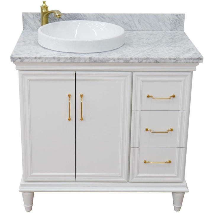 Bellaterra Forli 37" Single Vanity, White, White Carrara Marble Top/Round Sink, Left Door/Left Sink