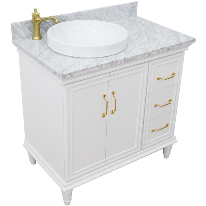 Bellaterra Forli 37" Single Vanity, White, White Carrara Marble Top/Round Sink, Left Door/Left Sink