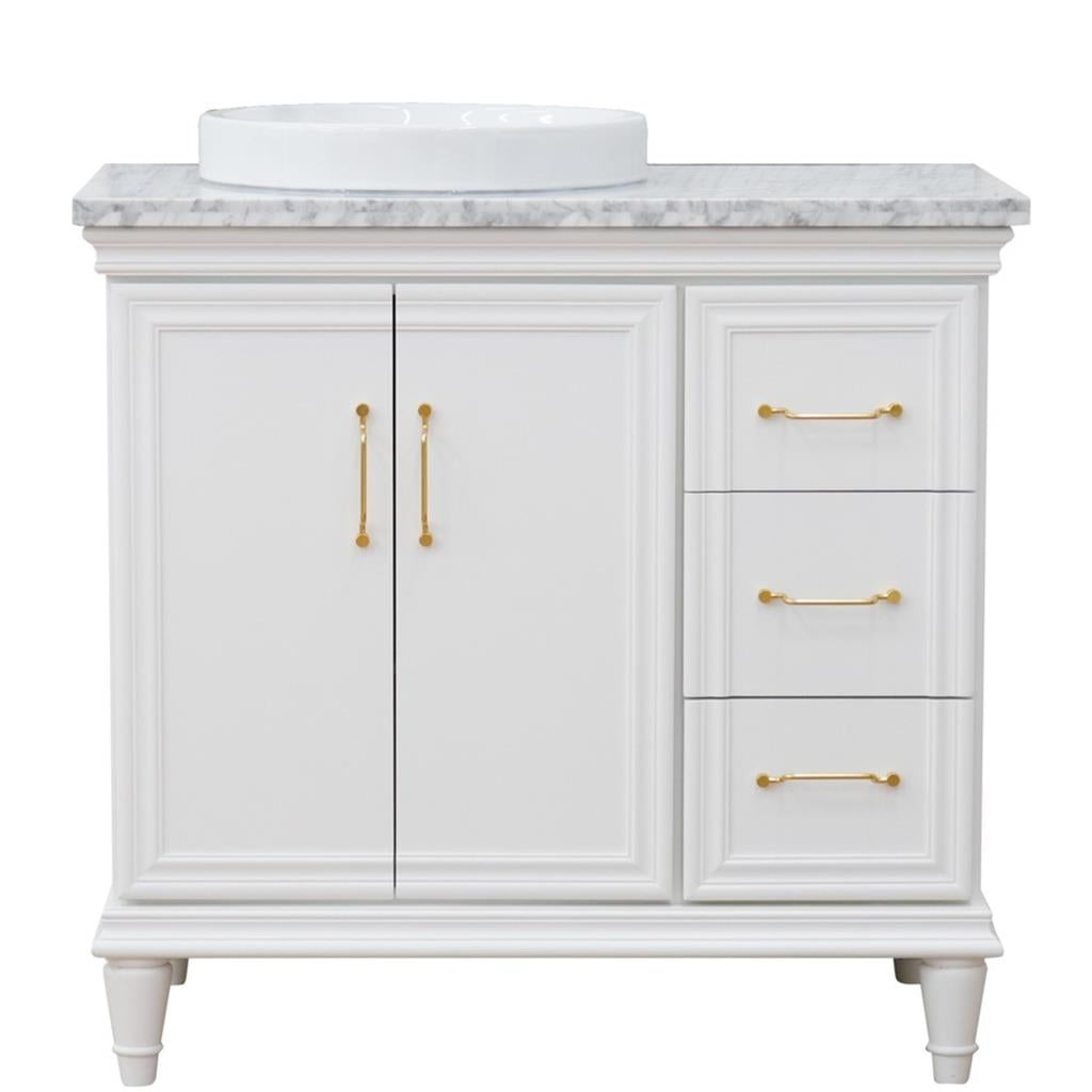 Bellaterra Forli 37" Single Vanity, White, White Carrara Marble Top/Round Sink, Left Door/Left Sink