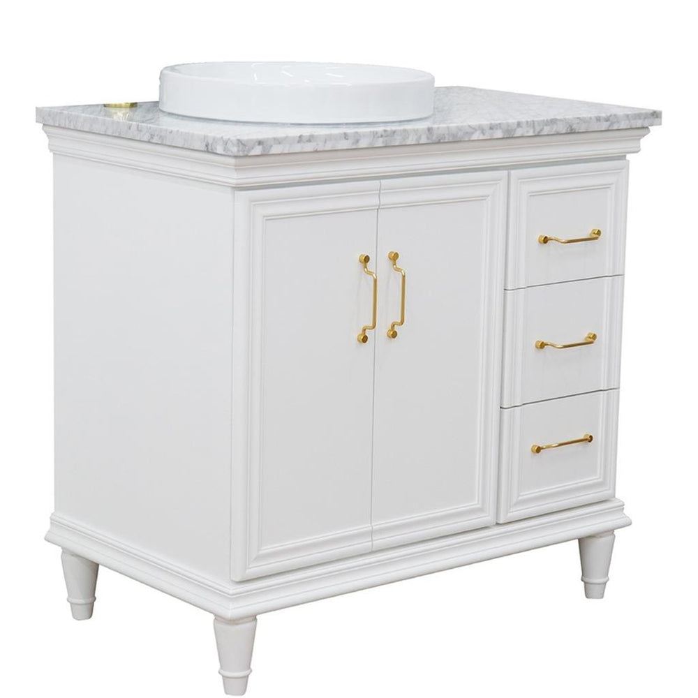 Bellaterra Forli 37" Single Vanity, White, White Carrara Marble Top/Round Sink, Left Door/Left Sink