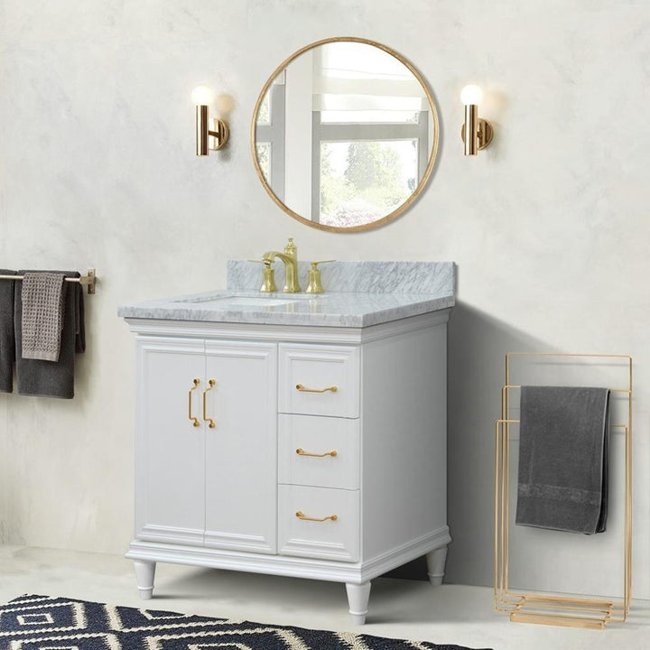 Bellaterra Forli 37" Single Vanity, White, White Carrara Marble Top/Rectangle Sink, Left Door/Left Sink