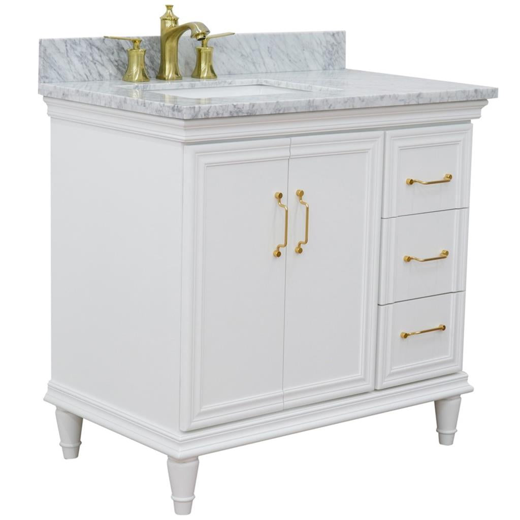 Bellaterra Forli 37" Single Vanity, White, White Carrara Marble Top/Rectangle Sink, Left Door/Left Sink