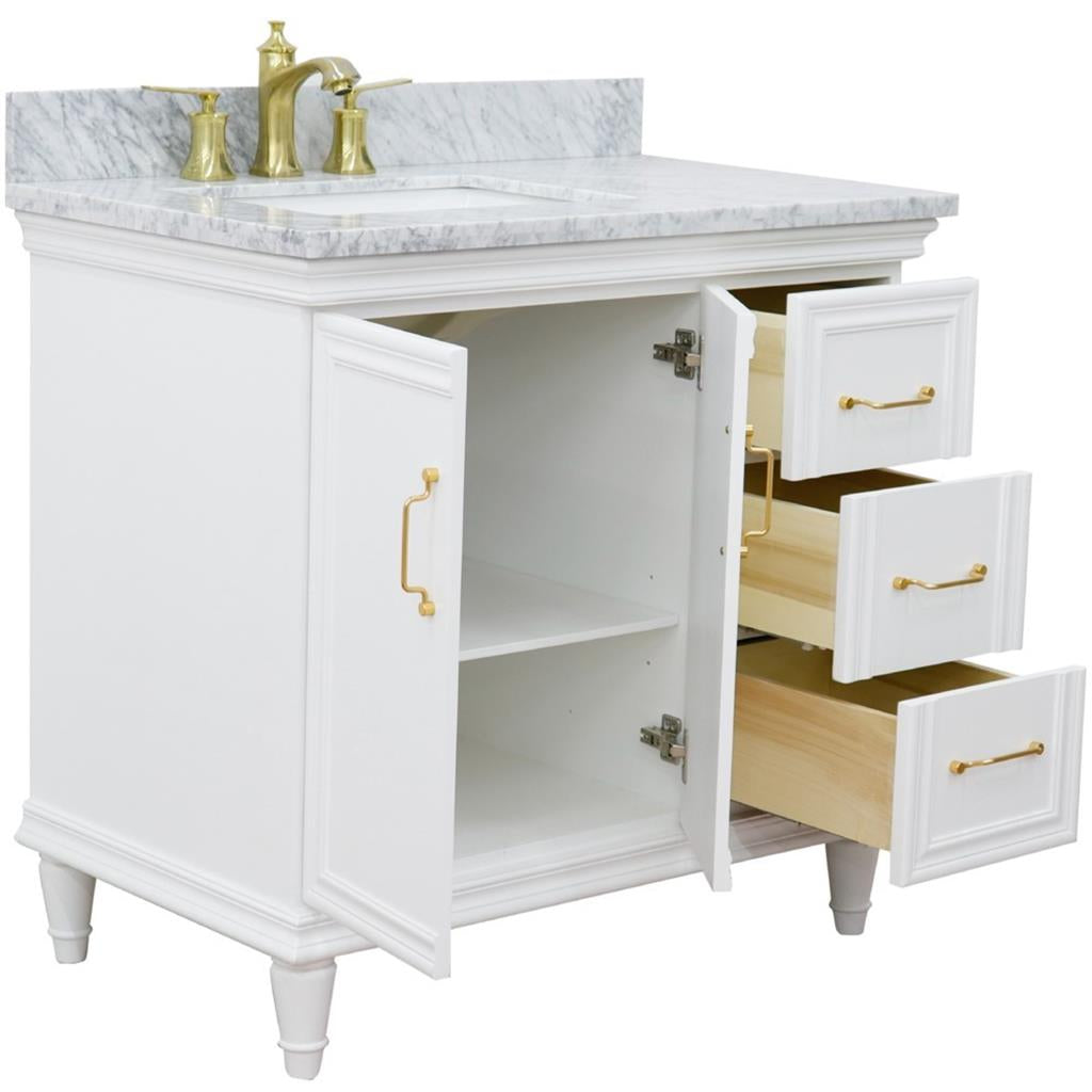 Bellaterra Forli 37" Single Vanity, White, White Carrara Marble Top/Rectangle Sink, Left Door/Left Sink