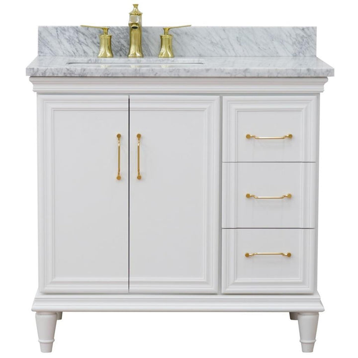 Bellaterra Forli 37" Single Vanity, White, White Carrara Marble Top/Rectangle Sink, Left Door/Left Sink