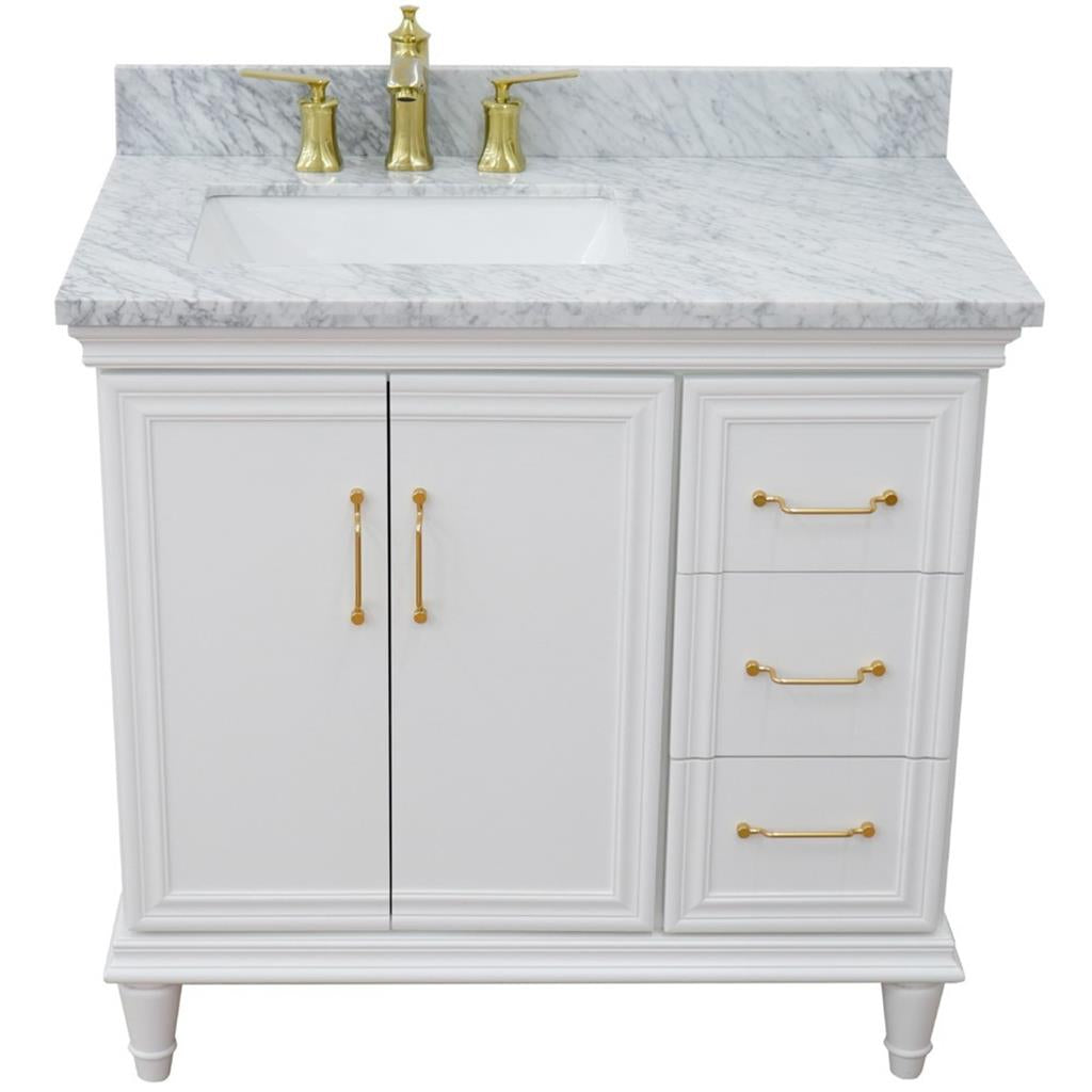 Bellaterra Forli 37" Single Vanity, White, White Carrara Marble Top/Rectangle Sink, Left Door/Left Sink