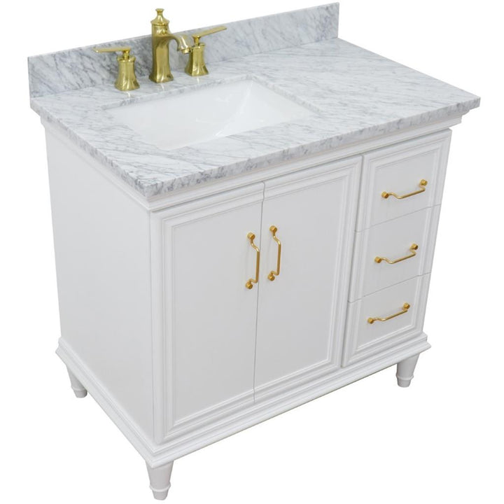 Bellaterra Forli 37" Single Vanity, White, White Carrara Marble Top/Rectangle Sink, Left Door/Left Sink