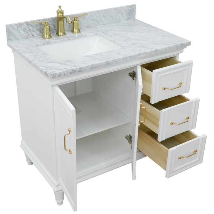 Bellaterra Forli 37" Single Vanity, White, White Carrara Marble Top/Rectangle Sink, Left Door/Left Sink