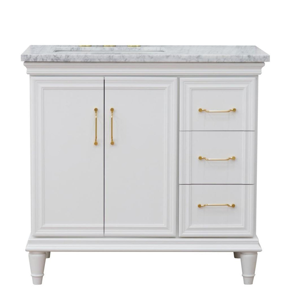 Bellaterra Forli 37" Single Vanity, White, White Carrara Marble Top/Rectangle Sink, Left Door/Left Sink