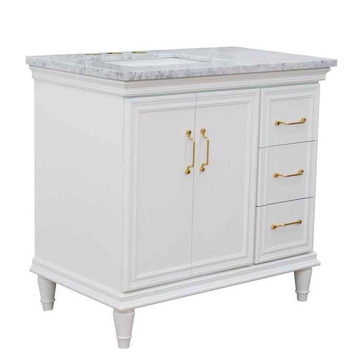 Bellaterra Forli 37" Single Vanity, White, White Carrara Marble Top/Rectangle Sink, Left Door/Left Sink