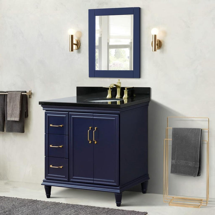 Bellaterra Forli 37" Single Vanity, Blue, Black Galaxy Granite Top/Oval Sink, Right Door/Right Sink