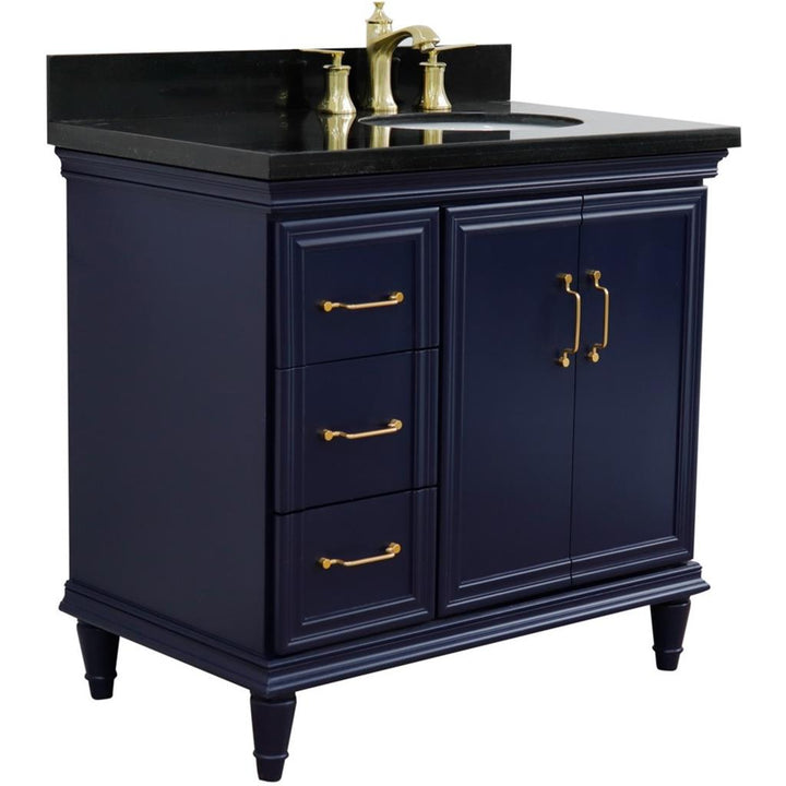 Bellaterra Forli 37" Single Vanity, Blue, Black Galaxy Granite Top/Oval Sink, Right Door/Right Sink