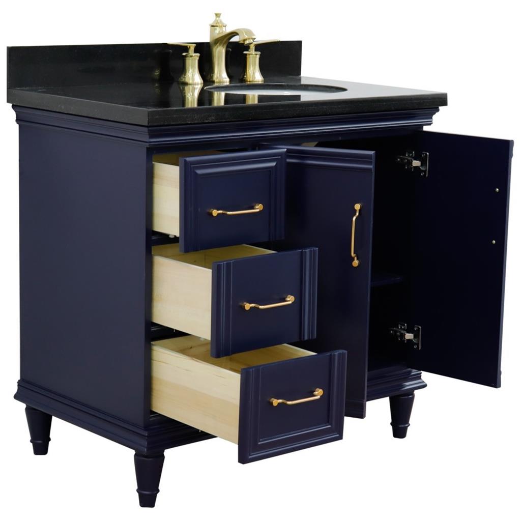 Bellaterra Forli 37" Single Vanity, Blue, Black Galaxy Granite Top/Oval Sink, Right Door/Right Sink