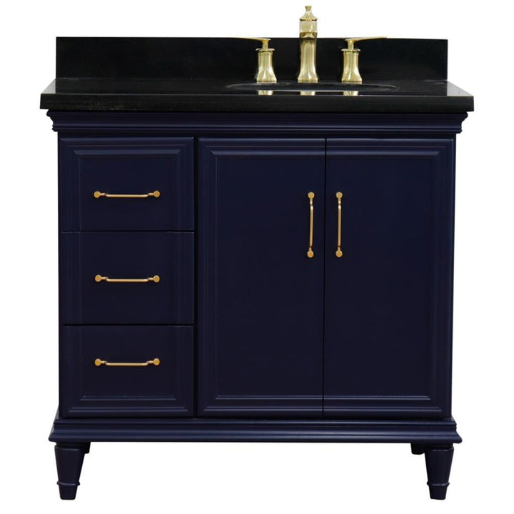 Bellaterra Forli 37" Single Vanity, Blue, Black Galaxy Granite Top/Oval Sink, Right Door/Right Sink