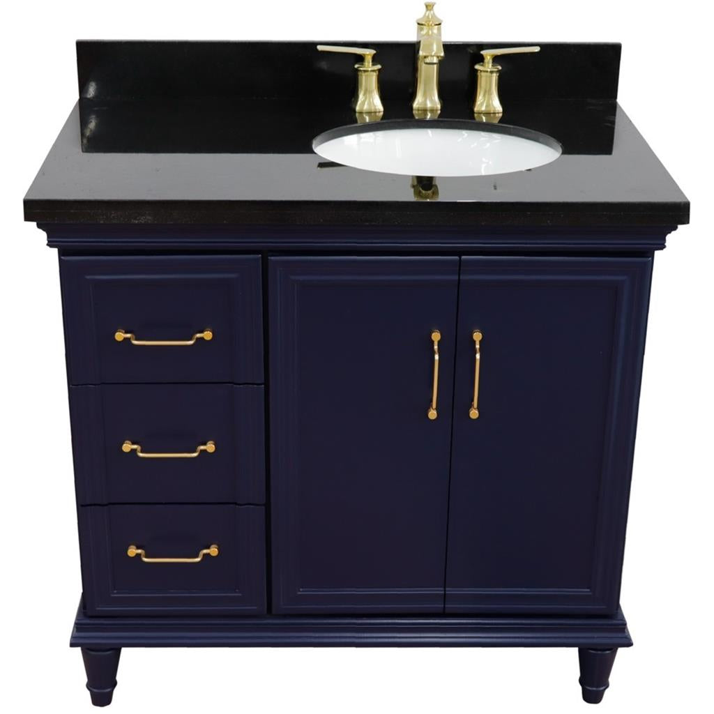 Bellaterra Forli 37" Single Vanity, Blue, Black Galaxy Granite Top/Oval Sink, Right Door/Right Sink