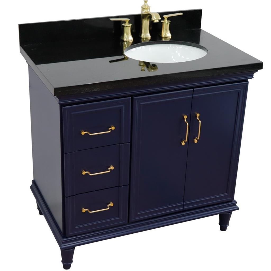 Bellaterra Forli 37" Single Vanity, Blue, Black Galaxy Granite Top/Oval Sink, Right Door/Right Sink