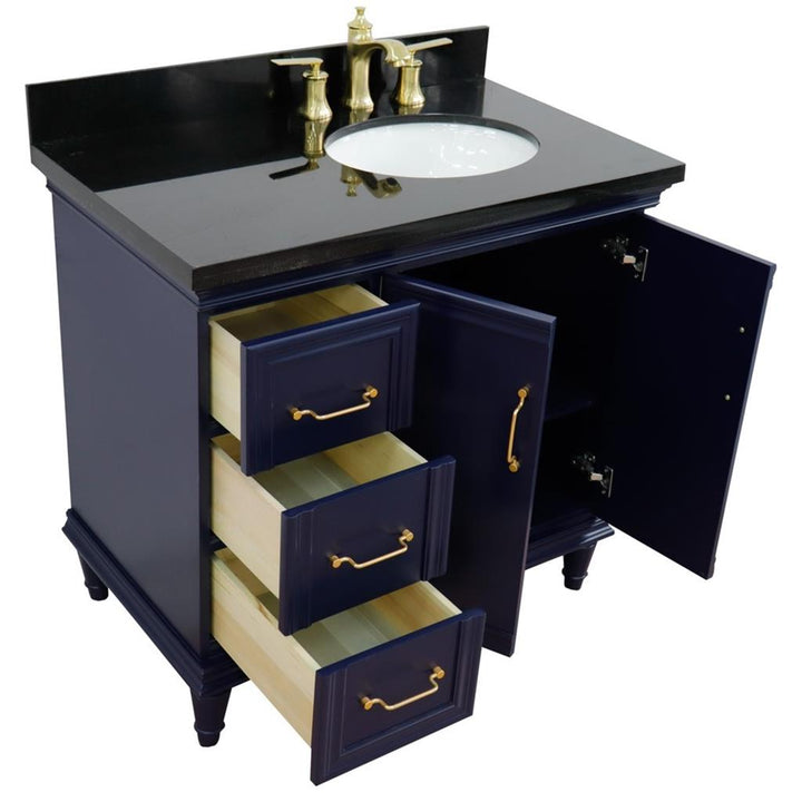 Bellaterra Forli 37" Single Vanity, Blue, Black Galaxy Granite Top/Oval Sink, Right Door/Right Sink