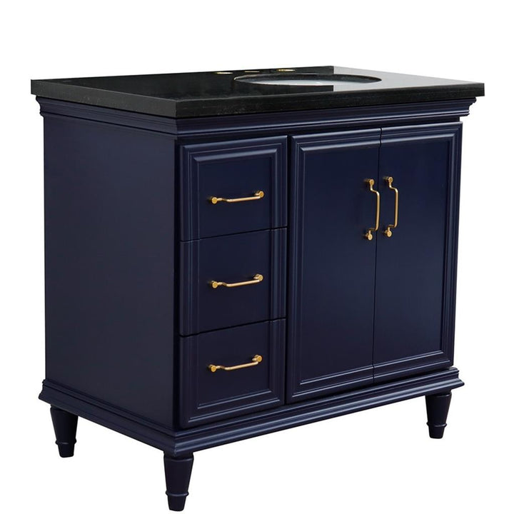 Bellaterra Forli 37" Single Vanity, Blue, Black Galaxy Granite Top/Oval Sink, Right Door/Right Sink