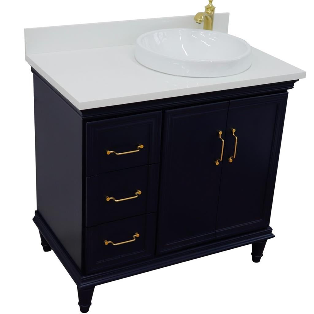 Bellaterra Forli 37" Single Vanity, Blue, White Quartz Top/Round Sink, Right Door/Right Sink