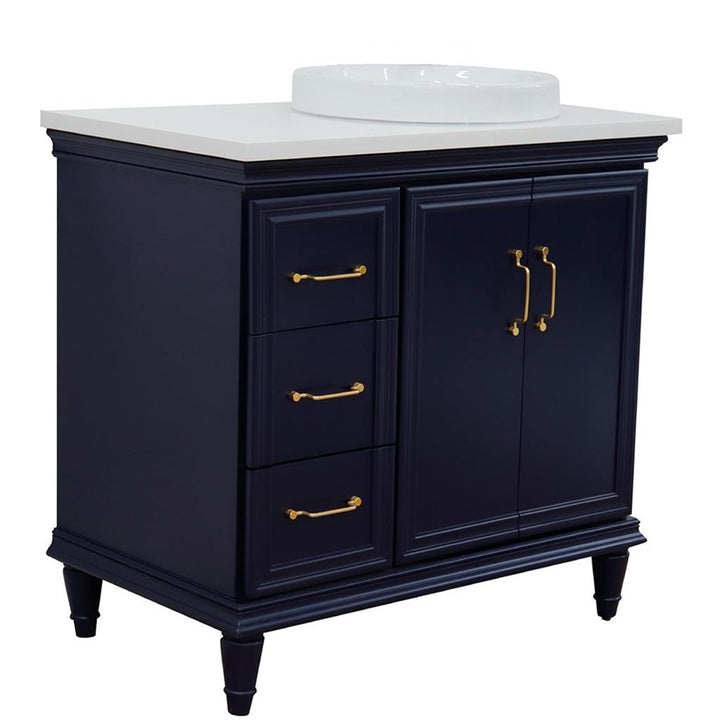 Bellaterra Forli 37" Single Vanity, Blue, White Quartz Top/Round Sink, Right Door/Right Sink