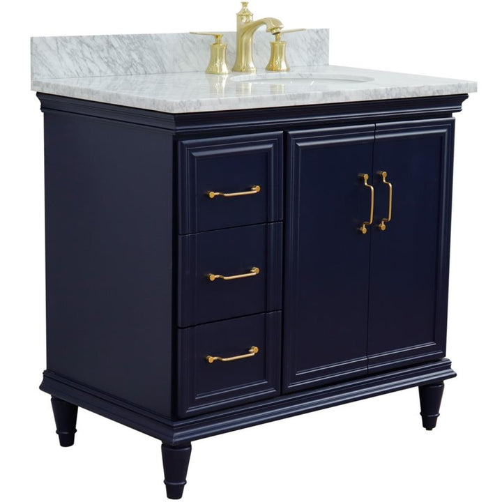 Bellaterra Forli 37" Single Vanity, Blue, White Carrara Marble Top/Oval Sink, Right Door/Right Sink