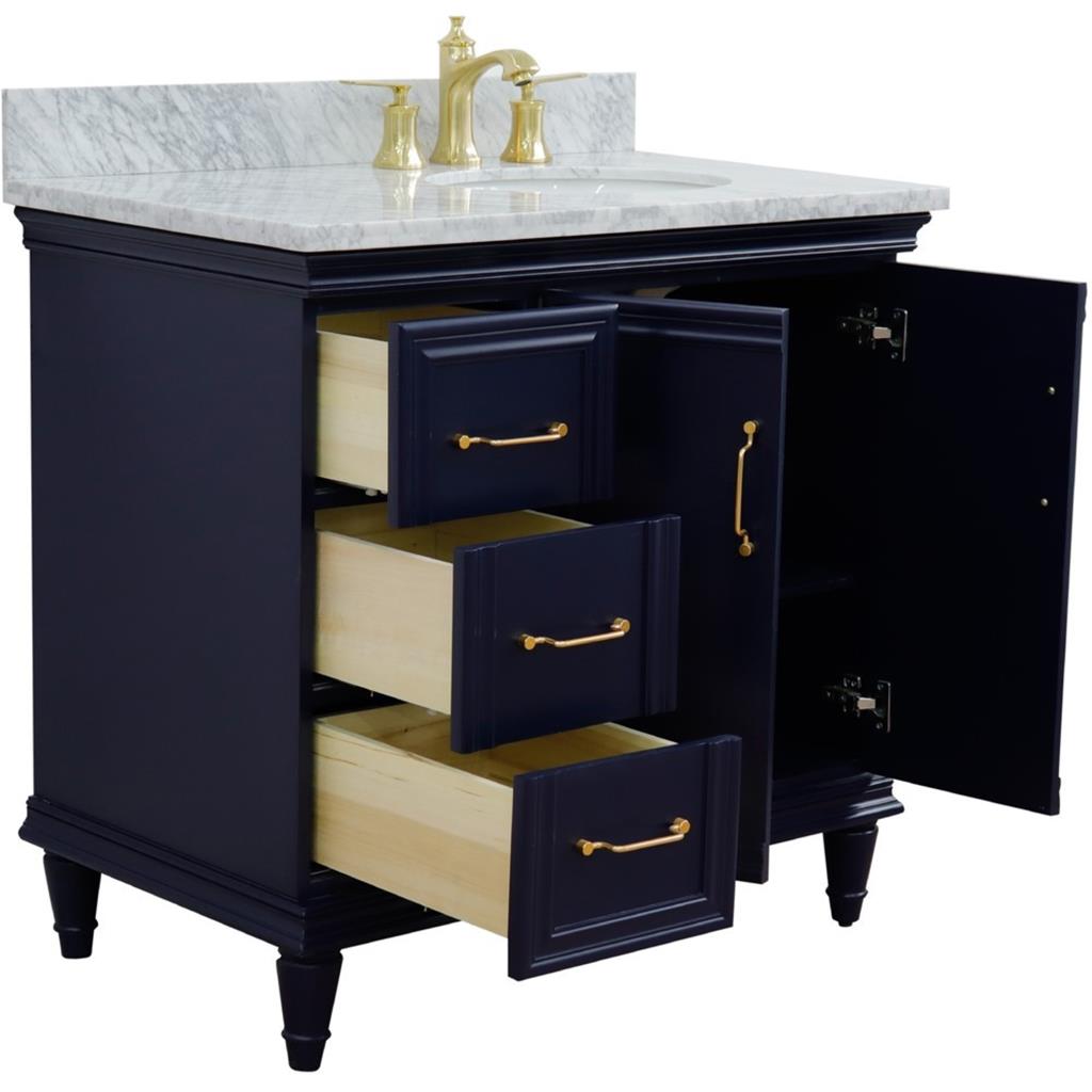 Bellaterra Forli 37" Single Vanity, Blue, White Carrara Marble Top/Oval Sink, Right Door/Right Sink