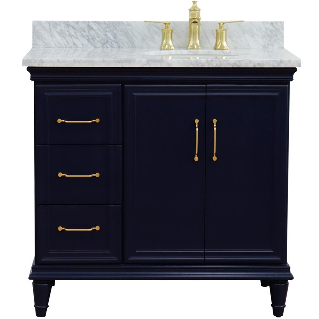 Bellaterra Forli 37" Single Vanity, Blue, White Carrara Marble Top/Oval Sink, Right Door/Right Sink