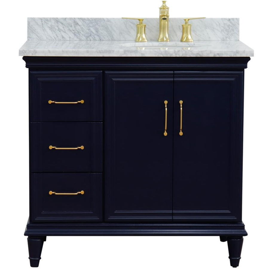 Bellaterra Forli 37" Single Vanity, Blue, White Carrara Marble Top/Oval Sink, Right Door/Right Sink