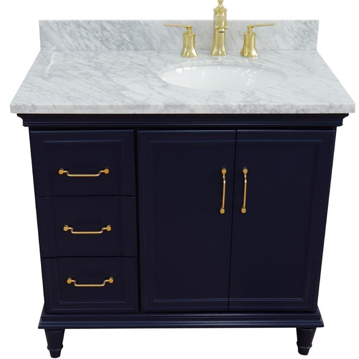 Bellaterra Forli 37" Single Vanity, Blue, White Carrara Marble Top/Oval Sink, Right Door/Right Sink