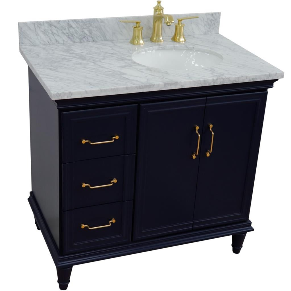 Bellaterra Forli 37" Single Vanity, Blue, White Carrara Marble Top/Oval Sink, Right Door/Right Sink