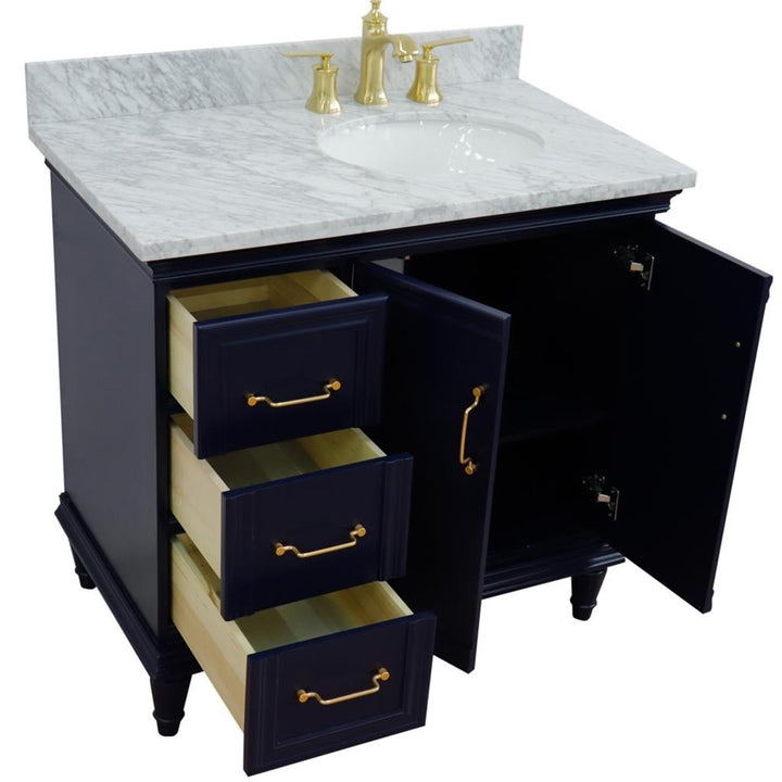 Bellaterra Forli 37" Single Vanity, Blue, White Carrara Marble Top/Oval Sink, Right Door/Right Sink