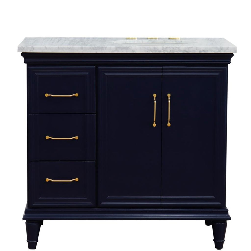 Bellaterra Forli 37" Single Vanity, Blue, White Carrara Marble Top/Oval Sink, Right Door/Right Sink