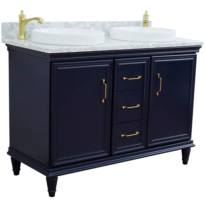 Bellaterra Forli 49" Double Vanity, Blue, White Carrara Marble Top/Round Sink