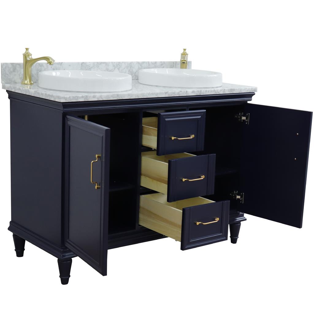 Bellaterra Forli 49" Double Vanity, Blue, White Carrara Marble Top/Round Sink