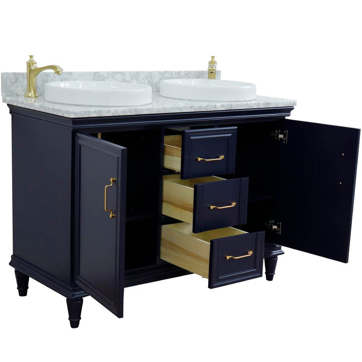 Bellaterra Forli 49" Double Vanity, Blue, White Carrara Marble Top/Round Sink