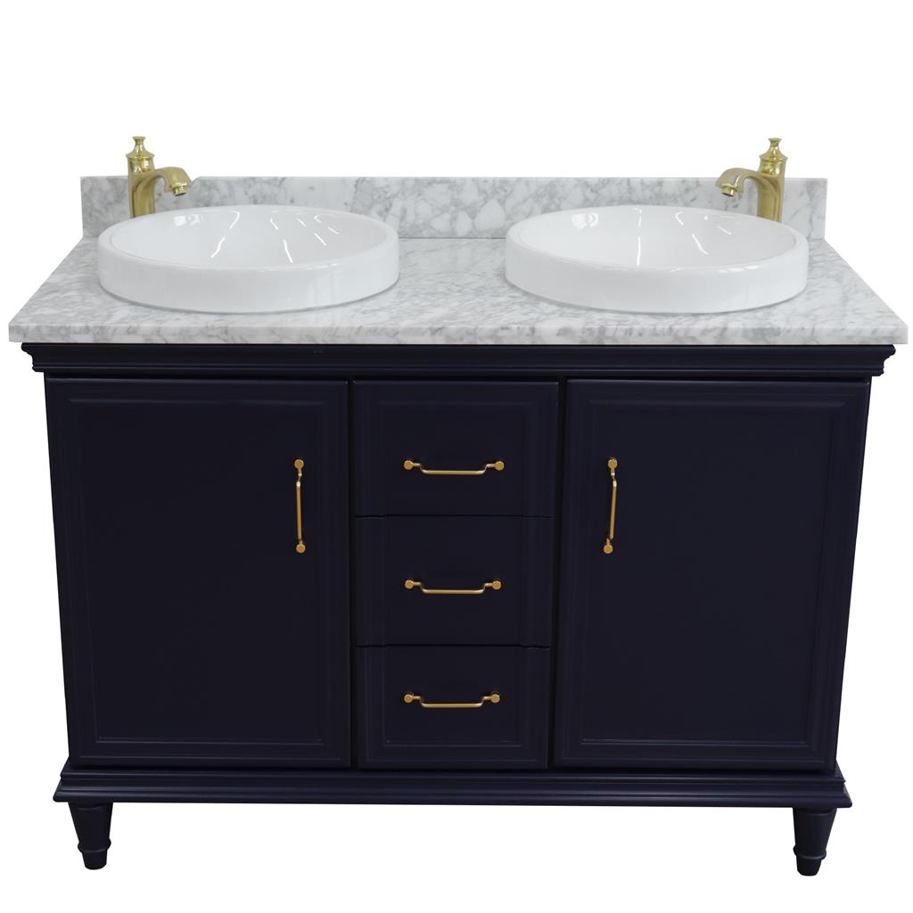 Bellaterra Forli 49" Double Vanity, Blue, White Carrara Marble Top/Round Sink