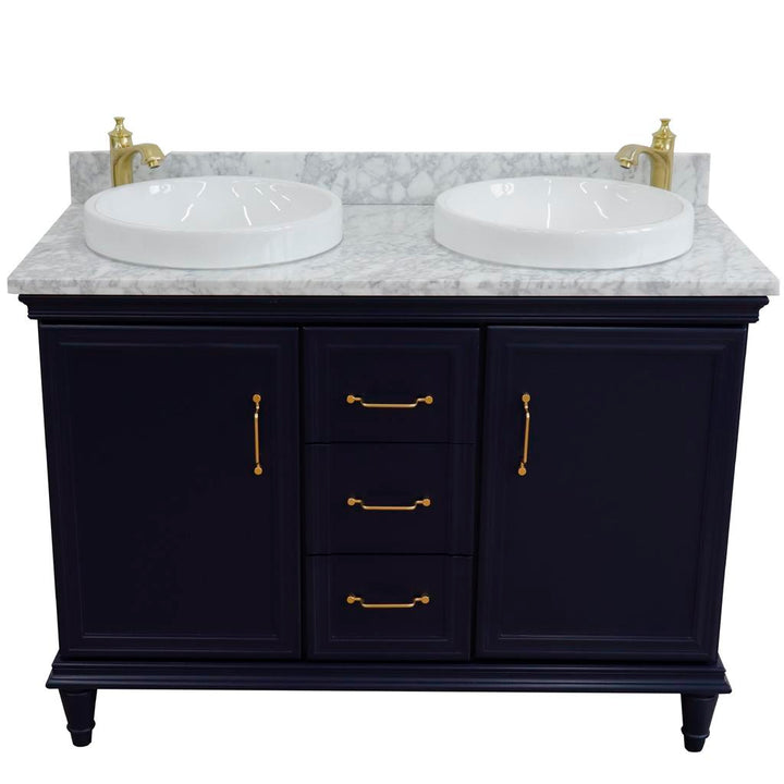 Bellaterra Forli 49" Double Vanity, Blue, White Carrara Marble Top/Round Sink