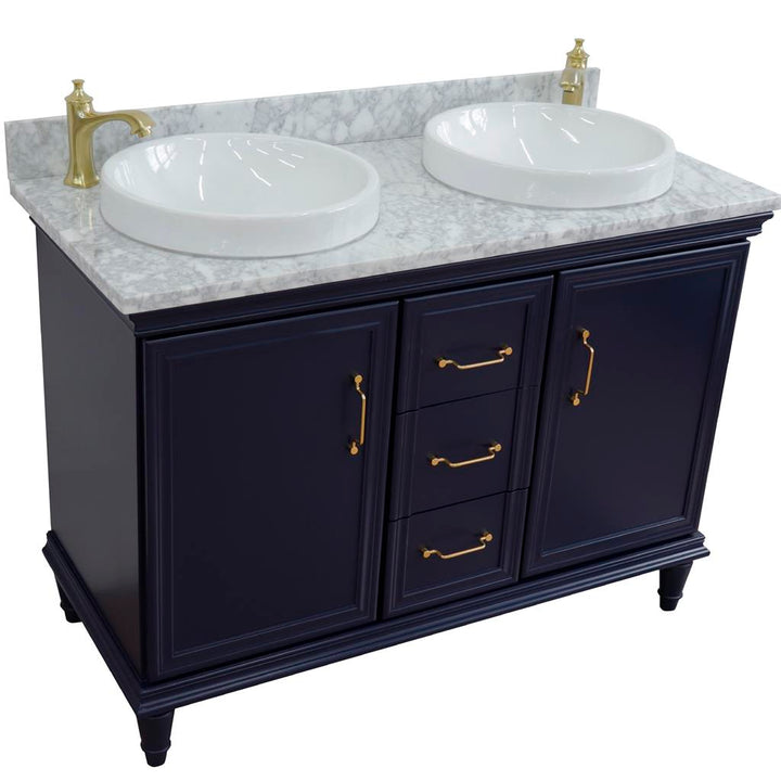 Bellaterra Forli 49" Double Vanity, Blue, White Carrara Marble Top/Round Sink