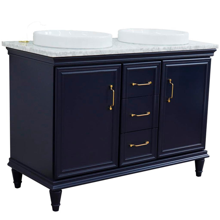 Bellaterra Forli 49" Double Vanity, Blue, White Carrara Marble Top/Round Sink