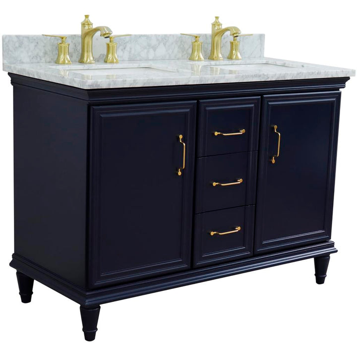 Bellaterra Forli 49" Double Vanity, Blue, White Carrara Marble Top/Rectangle Sink