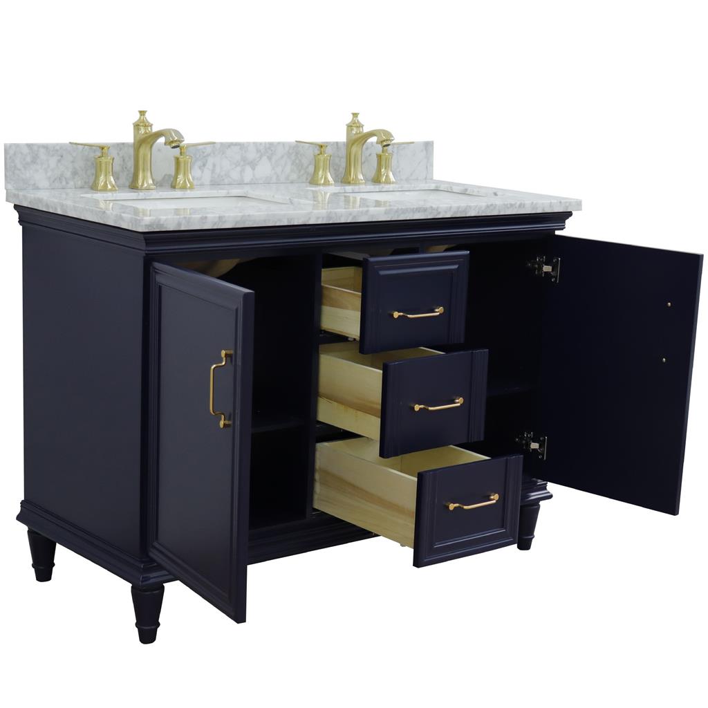 Bellaterra Forli 49" Double Vanity, Blue, White Carrara Marble Top/Rectangle Sink