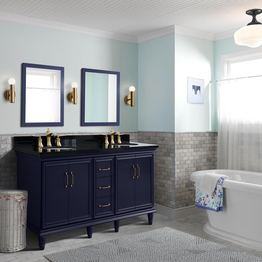 Bellaterra Forli 61" Double Vanity, Blue, Black Galaxy Granite Top/Oval Sink