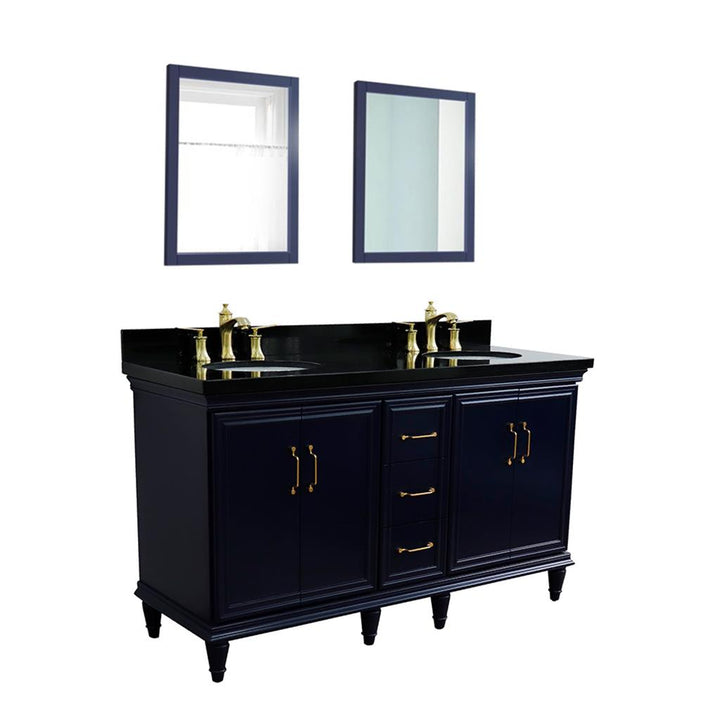 Bellaterra Forli 61" Double Vanity, Blue, Black Galaxy Granite Top/Oval Sink