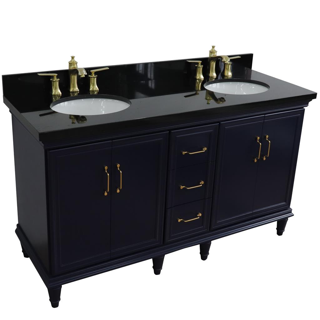 Bellaterra Forli 61" Double Vanity, Blue, Black Galaxy Granite Top/Oval Sink