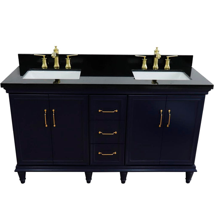 Bellaterra Forli 61" Double Vanity, Blue, Black Galaxy Granite Top/Rectangle Sink